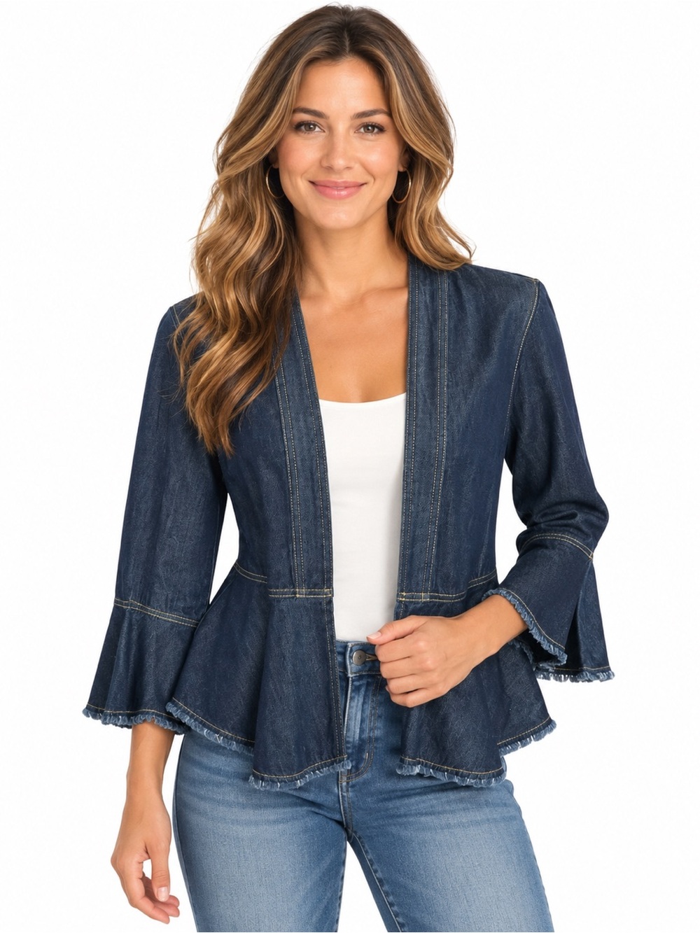 Tommy Bahama Devin blue denim jacket peplum raw hem bell sleeve open front SMALL